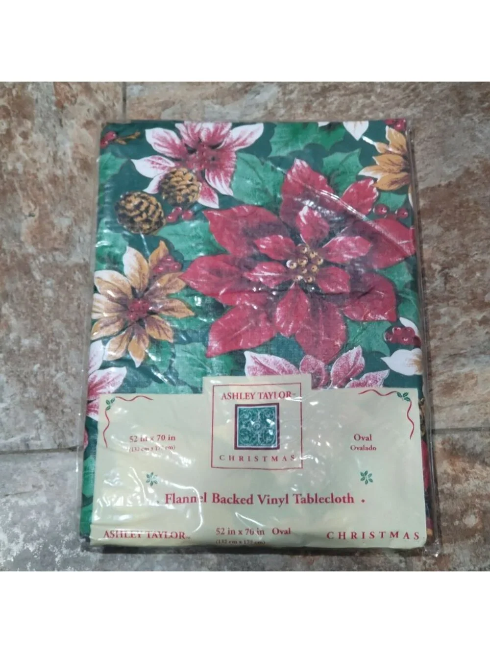 VTG Ashley Taylor Christmas Poinsettia Flannel Backed Vinyl Tablecloth 52x70 Ova